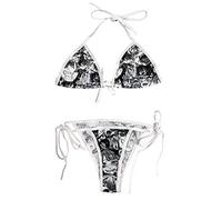 Ahegao Face String Bikini Lolita Japonés Manga Lencería Sexy Anime Sujetador y Tanga Conjunto, gris, talla única