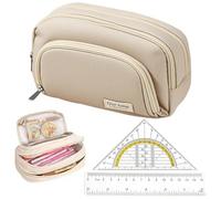 AHEJIOO Estuche para niñas, con 3 compartimentos, estuche de gran capacidad, estuche para niñas, 21 cm x 7 cm x 13 cm, con regla y escuadra, para escuela y oficina, dorado, moderno