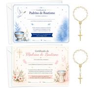 AHEJIOO Set de 8 Regalos Padrinos Bautizo, 2 Certificados de Madrina y Padrino con Sobres, 2 Rosarios de Perlas y Bolsas de Organza, Recuerdos Bautizo, Propuesta Quieres Ser Mi Madrina y Padrino