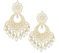 Aheli Pendientes Chandbali colgantes tradicionales de Kundan y perlas blancas con tachuelas para niñas y mujeres, Metal, No es una piedra preciosa