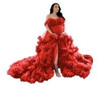 AHERKLL Bata de tul hinchada de maternidad para sesión de fotos, lencería larga y traslúcida, para baby shower, embarazo, fotografía, vestido ZM007, rosso, 36