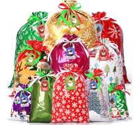 AhfuLife 16 Piezas Bolsas de Regalo con Cordón de Navidad, 5 Tamaños Reutilizables Bolsas De Regalo para Navidad con 16 Etiquetas de Navideñas, Regalos, Golosinas y Decora Fiestas Navidad