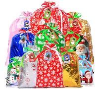 AhfuLife 16 Piezas Bolsas de Regalo con Cordón de Navidad, 5 Tamaños Reutilizables Bolsas De Regalo para Navidad con 16 Etiquetas de Navideñas, Regalos, Golosinas y Decora Fiestas Navideñas