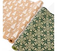 Ahfulife 2 Rollos Papel Regalo Navideño, 43cm x 15M per Rollos Papel Embalaje Navideño Reciclables Caja de Embalaje de Papel Kraft Decoración de Fiesta（W: Papá Noel/Copo de nieve verde）