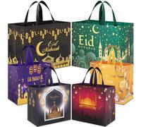 AhfuLife 6 Bolsas de Regalo Reutilizables de Eid Mubarak, Bolsas de Ramadán Mubarak con Asas, Bolsas de Fiesta Ramadán Kareem, Paquete Múltiple de Bolsas Eid no Tejidas para Decoraciones de Eid