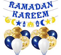 AhfuLife Decoraciones de Ramadán para el Hogar, Ramadán Kareem Banderín Bunting con 14pcs Globos para el Hogar Ramadán Eid Mubarak Decoración (Ramadán Kareem)