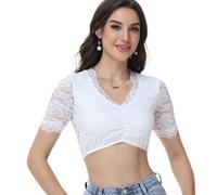 Ahigh Blusa tirolesa para mujer, encaje, flores, color blanco y negro, entre otros, cuello de pico, tirolesa, manga corta, elegante, para Oktoberfest y ocasiones festivas, talla 34-46, Blanco, 42