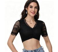 Ahigh Blusa tirolesa para mujer, encaje, flores, color blanco y negro, entre otros, cuello de pico, tirolesa, manga corta, elegante, para Oktoberfest y ocasiones festivas, talla 34-46, Negro , 36