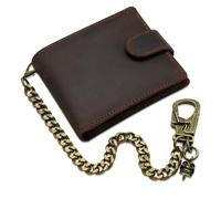 Ahiller Cartera Plegable con Cadena para Hombre, Cartera de Estilo Motero en Piel Crazy Horse con Llavero Desmontable con Doble Cierre de mosquetón. Cartera clásica para Hombre y Adolescente - Marrón