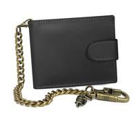 Ahiller Cartera Plegable con Cadena para Hombre, Cartera de Estilo Motero en Piel Crazy Horse con Llavero Desmontable con Doble Cierre de mosquetón. Cartera clásica para Hombre y Adolescente - Negro