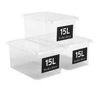 AHIOVA Cajas Almacenaje Plastico Grandes 15L con Tapa Set 3 Organizadoras Apilables 100% Transparentes Click Presión 39x28,5x18,5cm Armario Ropa Zapatos Trastero BPA Free Fabricadas Europa