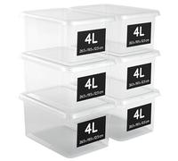 AHIOVA Cajas Almacenaje Plastico Pequeñas 4L con Tapa Set 6 Organizadoras Apilables 100% Transparentes Click Presión 26,5x19,5x12,5cm Baño Cajones Oficina BPA Free Fabricadas Europa