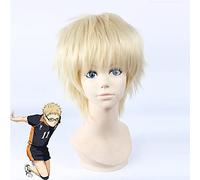 AHJSN Peluca de pelo rubio claro de Kei Tsukishima, disfraz de cosplay, pelucas cortas de fibra de alta temperatura + gorro de peluca