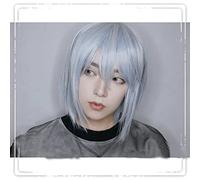AHJSN Se aplica a las pelucas originales de Lolita Cosplay para hombres de fibra sintética de alta temperatura, pelo corto azul gris + gorro de pelo gratis
