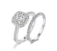 Ahloe Jewelry Alianzas de boda con halo de dos en uno, chapado en oro blanco de 18 quilates, con circonita cúbica para mujer, talla 4-12, Piedra, circonita