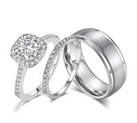 Ahloe Jewelry Conjuntos de anillos de boda de oro de 18 quilates para él y ella para hombre de titanio de acero inoxidable, anillos de pareja blancos de 1.5 quilates, Piedra, circonita