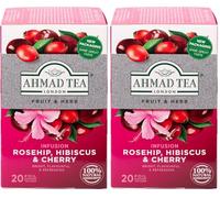 Ahmad Tea - Rosehip, Hibiscus & Cherry - Té de frutas y hierbas sin cafeína - Rosa mosqueta, hibisco y cereza - 20 Bolsitas de té selladas con aroma y envueltas individualmente con 2 g de té