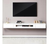 Ahtadums Mueble TV Suspendido Moderna con 2 Cajones, Madera Mueble TV Flotante Pintura de Alto Brillo, con Panel de Puerta de Vidrio, Consola Multimedia no Requiere Montaje (Blanco, 120cm)