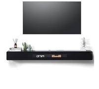 Ahtadums Mueble TV Suspendido Moderna con 2 Cajones, Madera Mueble TV Flotante Pintura de Alto Brillo, con Panel de Puerta de Vidrio, Consola Multimedia no Requiere Montaje (Negro, 160cm)