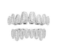 AHTCPO 18k Chapado en Oro Grillz de Hip Hop Completos - Diseño Pavimentado Cz Claro Baguette y Redondo Iced Out, Estilo Rapero, Fiesta Cosplay(Silver,Set)