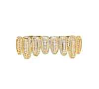 AHTCPO 18k Chapado en Oro Grillz de Hip Hop Completos - Diseño Pavimentado Cz Claro Baguette y Redondo Iced Out, Estilo Rapero, Fiesta Cosplay(Gold,Lower teeth)