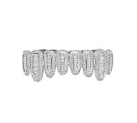 AHTCPO 18k Chapado en Oro Grillz de Hip Hop Completos - Diseño Pavimentado Cz Claro Baguette y Redondo Iced Out, Estilo Rapero, Fiesta Cosplay(Silver,Lower teeth)