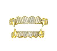 AHTCPO Diseño Funda Dental Colmillos de Vampiro Ocho Dientes Completos en Piedras, Proceso Electroplastado Estilo Hip-Hop Joya Dental, Regalo Moda Unisex(Gold,Set)