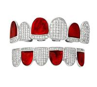 AHTCPO Grillz Bicolor Espejo Full Diamante Rojo Navidad, Microincrustado 18K Bañado en Oro y Plata, Joya Hip-Hop Unisex Regalo Decorativo para Hombre y Mujer(Silver,Lower teeth)