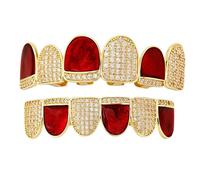AHTCPO Grillz Bicolor Espejo Full Diamante Rojo Navidad, Microincrustado 18K Bañado en Oro y Plata, Joya Hip-Hop Unisex Regalo Decorativo para Hombre y Mujer(Gold,Set)