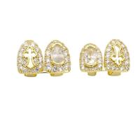AHTCPO Grillz Dental Cruz Elíptica Calada Cz, Bañado en Oro y Plata 18K Microincrustado Joya Hip Hop Unisex(Gold,Set2)
