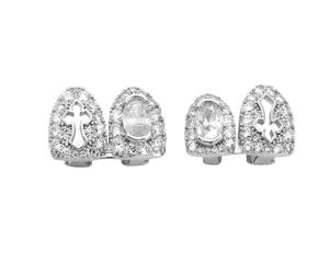 AHTCPO Grillz Dental Cruz Elíptica Calada Cz, Bañado en Oro y Plata 18K Microincrustado Joya Hip Hop Unisex(Silver,Set3)