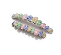 AHTCPO Grillz Dental de Diamante Multicolor con Hielo, Hip Hop para Disfraz Rapero, Joyería y Accesorios Hombre Mujer(Silver Iridescent Diamond,Lower)