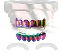 AHTCPO Juego de Grillz Colmillos Vampiro Arcoíris Iridiscente - Dientes Superiores e Inferiores Pulidos Joyería Dental Extraíble con Barras Moldeo(Seven-colored eight-toothed)