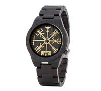 AHTCPO Reloj de Madera Vintage Vikingo para Hombre, Reloj de Ébano con Runas Nórdicas Vikingas, Reloj de Cuarzo Analógico de Moda Ajustable(Black)