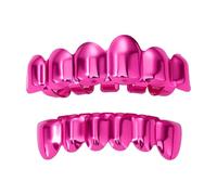 AHTCPO Rosa Electrochapado Hip-Hop Brillante Set Rejilla Dental para Unisex | Dientes Sup Inf Removibles Dientes Falsos Halloween Accesorio Moda Joyería Fantasía Regalo para Rapero Fiesta