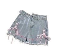 AHUFGN Vaqueros Cortos Mujer Pantalones Cortos de Mezclilla for Mujer, Cintura Alta, Bordados, Vendaje, Lindos Pantalones(S)