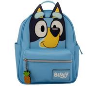 AI ACCESSORY INNOVATIONS Bluey Big Face - Mini mochila de poliuretano para cosplay, bolsa de hombro con dije de piña de metal relleno de epoxi, 10.5 pulgadas, correas ajustables, piel sintética,