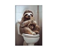 Ai Art-1 - Perezoso sentado en el inodoro viendo el teléfono, divertida decoración de pared de baño, foto de animales de estilo vintage, humor peculiar para el inodoro