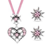 Aiailikill Oktoberfest - Juego de 3 joyas para traje regional con colgante de corazón de edelweiss, cadena y pendientes para mujer, color rosa plateado, ideal como accesorio para el Oktoberfest