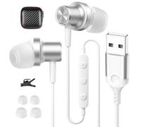 AIAUXAI Auriculares USB con cable y micrófono para PC, USB-A | Auriculares intraurales USB con cable con micrófono y control de audio para laptop HP/Dell/Acer, para trabajo, oficina, zoom