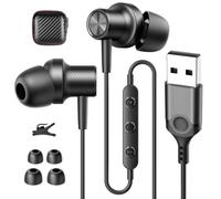 AIAUXAI Auriculares USB con cable y micrófono para PC, USB-A | Auriculares intraurales USB con cable con micrófono y control de audio para laptop HP/Dell/Acer, para trabajo, oficina, zoom