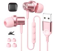 AIAUXAI Auriculares USB con cable y micrófono para PC, USB-A | Auriculares intraurales USB con cable con micrófono y control de audio para laptop HP/Dell/Acer, para trabajo, oficina, zoom
