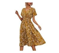 AiBaiLe 2024 New Women's V Neck Floral Long Dress,Summer Casual Loose 3/4 Sleeve Dresses,Fashion Flowy Beach Waist Dress (Yellow, M)