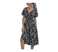 AiBaiLe 2024 New Women's V Neck Floral Long Dress,Summer Casual Loose 3/4 Sleeve Dresses,Fashion Flowy Beach Waist Dress (Black, M)