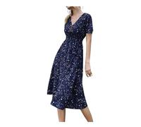 AiBaiLe 2024 New Women's V Neck Floral Long Dress,Summer Casual Loose 3/4 Sleeve Dresses,Fashion Flowy Beach Waist Dress (Dark Blue, L)