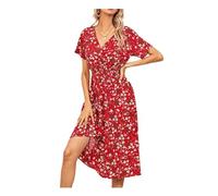 AiBaiLe 2024 New Women's V Neck Floral Long Dress,Summer Casual Loose 3/4 Sleeve Dresses,Fashion Flowy Beach Waist Dress (Red, L)