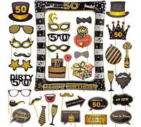 AIBAOBAO 50 Cumpleaños Photo Booth Props, 35 Piezas Kit + 1 Marco Photocall Atrezzo Selfie Inflable para Decoración de Fiesta DIY, Cumpleaños Fotocall, Accesorios para Cabina de Foto
