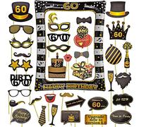AIBAOBAO 60 Cumpleaños Photo Booth Props, 35 Piezas Kit + 1 Marco Photocall Atrezzo Selfie Inflable para Decoración de Fiesta DIY, Cumpleaños Fotocall, Accesorios para Cabina de Foto