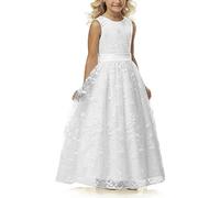Aibaowedding Chic,Vestido largo de comunión para niña, de verano, de tul bordado, con cinturón de satén, estilo boho, línea A, vestido de dama de honor, vestido de niña de 2 a 12 años, Blanco, 8 años