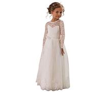 Aibaowedding Vestido de tul largo vintage para niños, vestido de encaje con cinturón/chic en línea A, vestidos de comunión, damas de honor, Mangas largas., 10 años